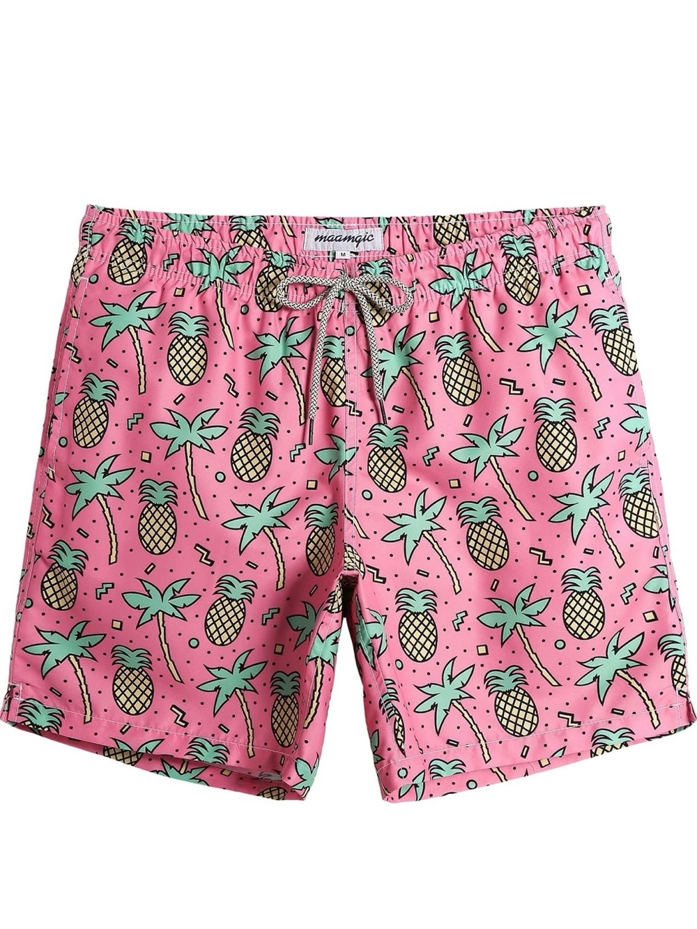 Men's Pink Pineapple Print Swim Trunks with Green Accents